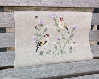 Finished cross stitch goldfinch, handmade embroidery, embroidered pillow