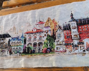 finished cross stitch picture embroidery handmade town building
