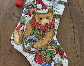Embroidered Christmas Stocking: Teddy Bear Cross Stitch Gift