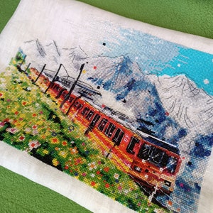 Finished cross stitch embroidery handmade, train