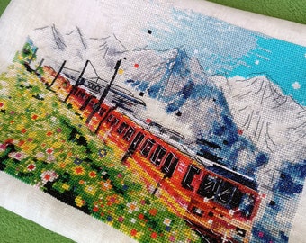 Finished cross stitch embroidery handmade, train