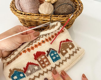 Patrón de bolso Fair Isle Knitted Houses: Neceser DIY (Patrón PDF)