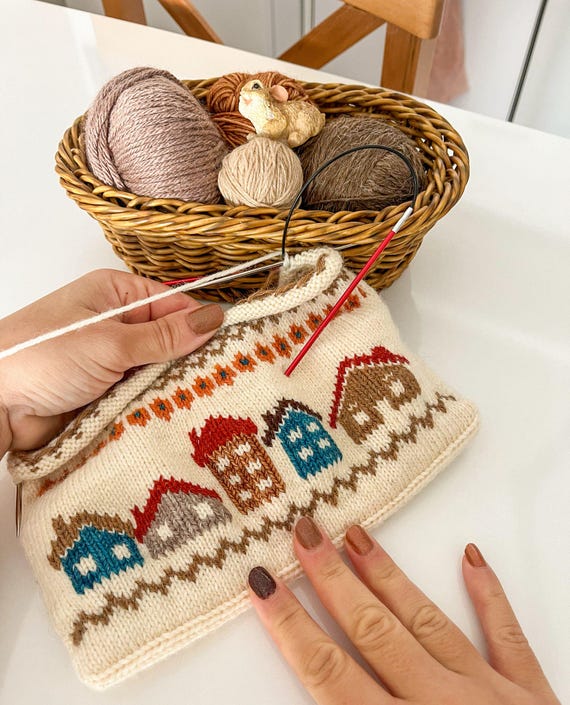 Fair Isle Knitted Houses on Bag Digital Pattern With Video Tutorial- Fair  Isle Houses Knitting Pattern Hand Knitted Bag Cosmetic Pouch
