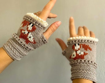 mitaine de renard, gants de renard, gants sans doigts tricotés, mitaines de broderie, chauffe-mains, mitaines sans doigts, gants d'hiver