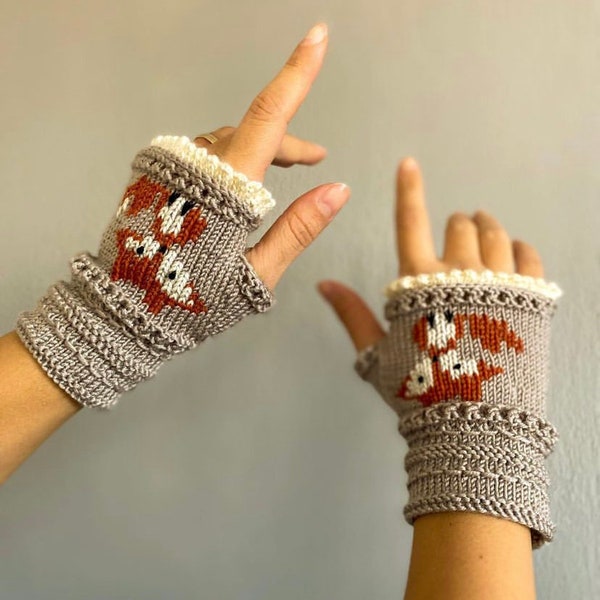 mitaine de renard, gants de renard, gants sans doigts tricotés, mitaines de broderie, chauffe-mains, mitaines sans doigts, gants d'hiver