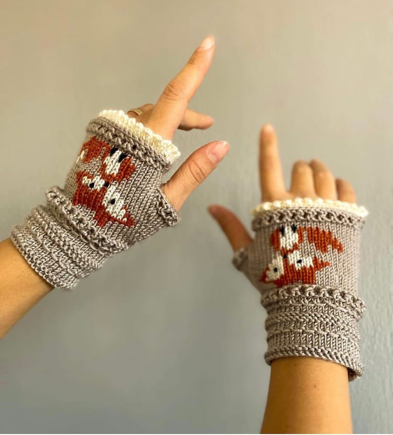 mitaine de renard, gants de renard, gants sans doigts tricotés, mitaines de broderie, chauffe-mains, mitaines sans doigts, gants d'hiver image 1