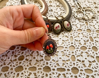 Hand Embroidered Mushroom Earring, Embroidered Earring, Needle Art Earrings, Embroidery Pendant, Embroidery Jewelry, Set Of 2 Pairs