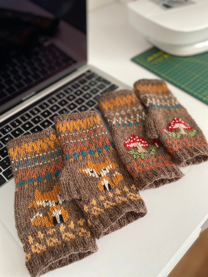 Fair isle Mitten, Fair Isle Mushroom Mitten, Fingerless Mitten, Hand Warmer, Nordic Mitten, Baltic Mitten, Mushroom Pattern, Half Gloves image 8