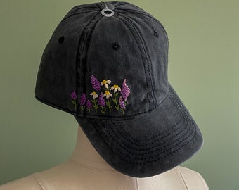 Sombrero floral bordado a mano, gorra de béisbol floral, sombrero de camionero para mujeres, sombrero de mamá de béisbol, sombrero de flores bordado