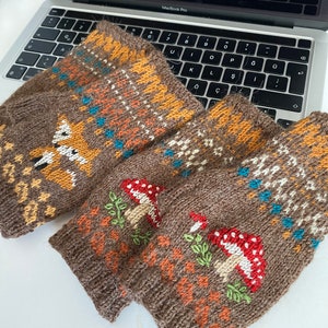 Fair isle Mitten, Fair Isle Mushroom Mitten, Fingerless Mitten, Hand Warmer, Nordic Mitten, Baltic Mitten, Mushroom Pattern, Half Gloves image 9