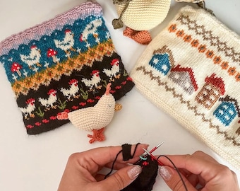 Henhouse Knitted Pouch Pattern - Colorful Knitted Bag With Chicken Pattern –Handmade Cute Knitted Tote - Unique Farm Animal Accessory
