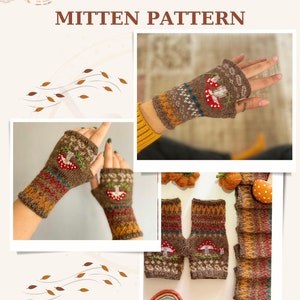 Fair Isle Mittens Pattern, Knitting Pattern, Hand Warmers Pattern, Fingerless Glove Pattern, Mushroom Design With Video Tutorial, Handwarmer