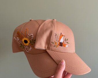 Custom Hand Embroidered Baseball Women Cap, Sunflower Hat, Fox Hat, Trucker Hat For Women