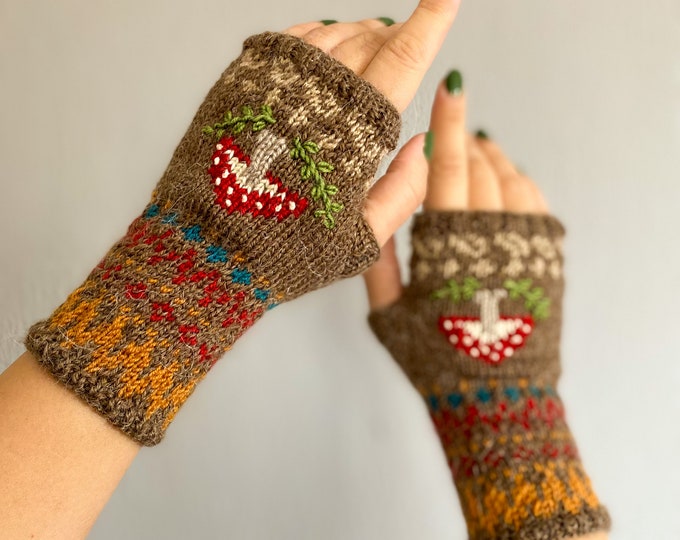 Hand-Knitted Fair Isle Fingerless Mittens, Mushroom Hand Warmers