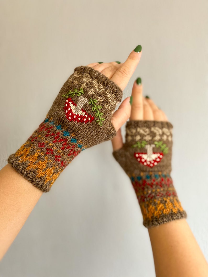 Fair isle Mitten, Fair Isle Mushroom Mitten, Fingerless Mitten, Hand Warmer, Nordic Mitten, Baltic Mitten, Mushroom Pattern, Half Gloves image 1