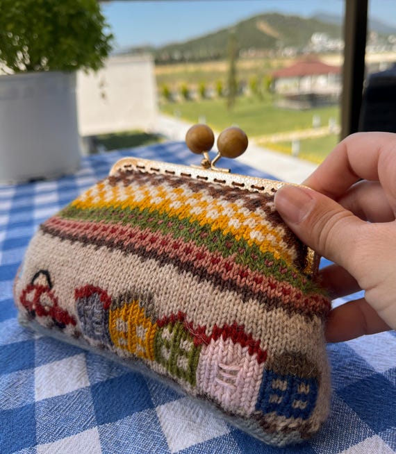 Fair Isle Knitted Purse: Merino Wool Boho Bag With Wooden Beads