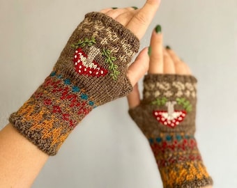 Mushroom Mittens Knitting Pattern: Fair Isle Fingerless Gloves (Video Tutorial)