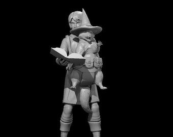 May include: A gray figurine of a wizard holding a book and carrying a small gray creature on their back. The wizard is wearing a pointed hat and a belt with pouches. The figurine is standing on a gray base.