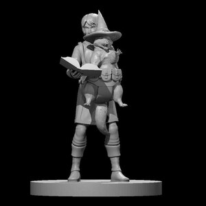 May include: A gray figurine of a wizard holding a book and carrying a small gray creature on their back. The wizard is wearing a pointed hat and a belt with pouches. The figurine is standing on a gray base.