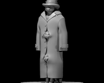 May include: A gray, sculpted figurine of a cat wearing a top hat and a long coat. Three cat heads peek out from the coat.