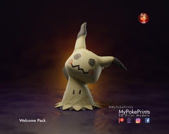 May include: A 3D printed model of a Gengar Pokemon, a ghost-type Pokemon with a purple and black color scheme. The model is posed with its arms raised and its mouth open in a playful expression. The model is printed in a light gray color and has a textured surface. The model is sitting on a dark surface. The image also includes the text "MyPokePrints 3D Print Models" and social media icons for Instagram, Facebook, and Cults.