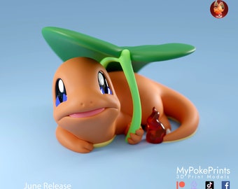 May include: A 3D printed model of a brown and orange Pokemon character, Charmander, with a green leaf umbrella over its head. The character is holding a small red flame in its right hand. The model is on a light blue background. June Release.