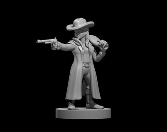 May include: A gray figurine of a cowgirl in a long coat and hat, holding a pistol in her right hand and a rifle in her left. The figure is standing on a round base, with a detailed design of clothing and accessories.