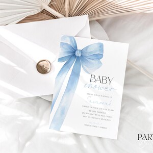 Blue Bow Baby Shower Invitation Template Printable, Baby Boy, Blue Coquette Baby Shower Invite, Baby Shower Invitation Boy Coquette Bow