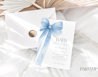 May include: Blue watercolor bow baby shower invitation with the text "Baby Shower" and "Please join us in honor of Savannah" on a white background.