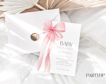 May include: A pink and white baby shower invitation with a watercolor bow and the text "Baby Shower" in black and "Please join us in honor of Savannah" in pink.