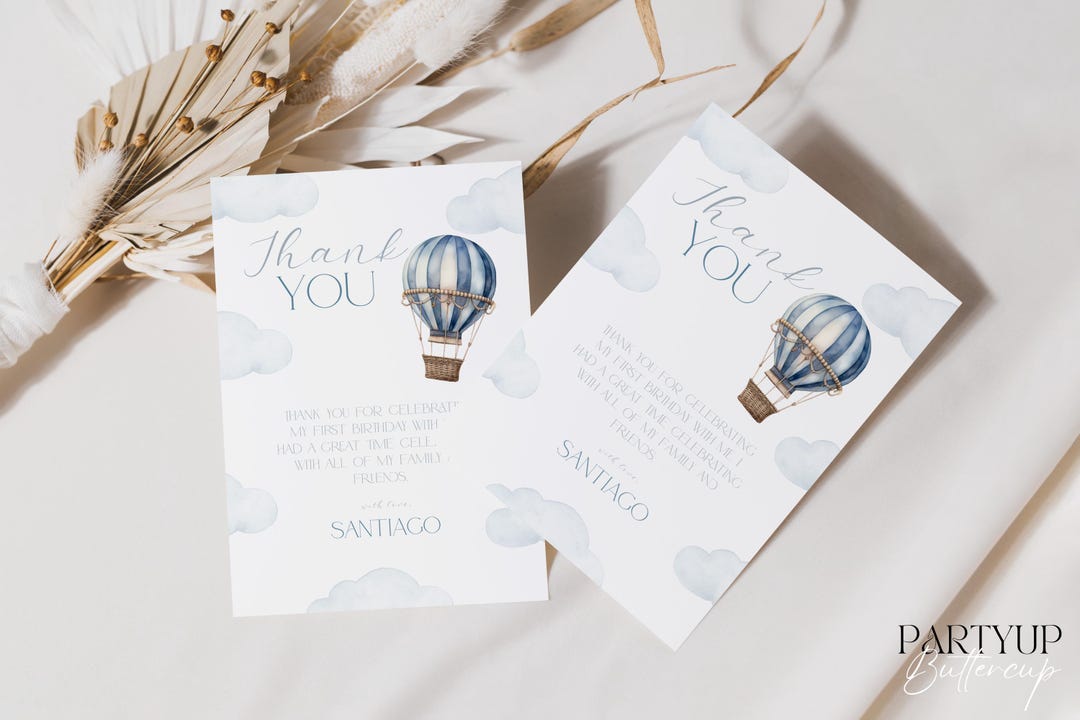 Hot Air Balloon Thank You Card Template: First Birthday (digital ...