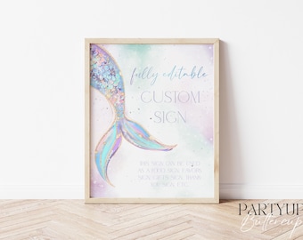 Può includere: Un cartello stampabile con una coda di sirena con squame iridescenti e un design di glitter dorato. Il cartello dice "completamente modificabile CARTELLO PERSONALIZZATO" e "QUESTO CARTELLO PUÒ ESSERE UTILIZZATO COME CARTELLO CIBO, CARTELLO FAVORI, CARTELLO REGALI, CARTELLO RINGRAZIAMENTO, ECC."