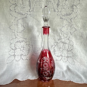 Vintage Nachtmann Crystal Decanter – Cranberry Cut to Clear Crystal- Hand-Cut Grapes and Flowers