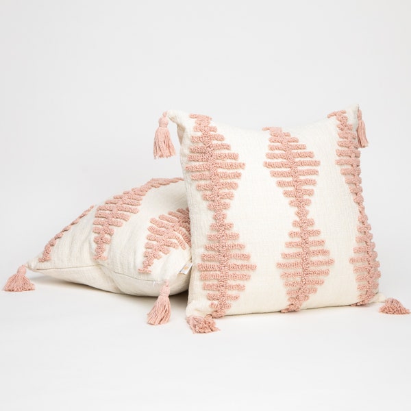 PACK OF TWO 18 x 18 Blush Pink Pillow Covers - Decorative Throw Cases with Geometric Tufted Design, Farmhouse Décor