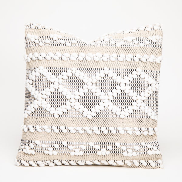 PACK OF ONE 18 x 18 Beige And White Pillow Cover – Striped Geometric Cushion Case With Diamond Tufting, Accent Pillow Covers Farmhouse Decor