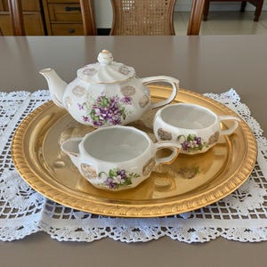 Vintage Marco Porcelain Teapot with Stacking Creamer & Sugar Bowl Set | Japan 1950s 1960s | Fine China Violet Gold Trim Tea Set