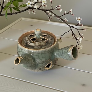 Vintage Japanese Soma Ware Teapot | Otagiri Somayaki Green Crackle Horse Teapot with Hearts | Mid Century Tea Decor