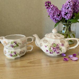 Vintage Marco Porcelain Teapot with Stacking Creamer & Sugar Bowl Set | Japan 1950s 1960s | Fine China Violet Gold Trim Tea Set