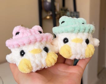 Crochet White Duck Plushie: Handmade Baby Toy with Frog Hat