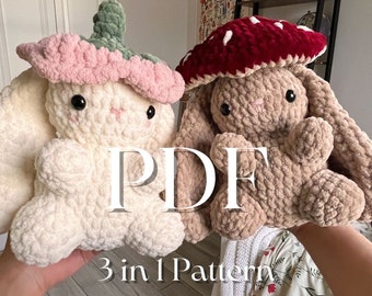 3 in 1 Bunny Crochet Pattern | Spring plushie pattern | Flower hat bunny | Mushroom hat plush | cute bunnies pattern | unique amigurumi |