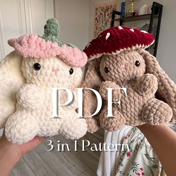3 in 1 Bunny Crochet Pattern | Spring plushie pattern | Flower hat bunny | Mushroom hat plush | cute bunnies pattern | unique amigurumi |