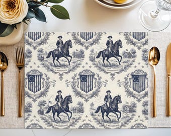 Mantel individual con estampado toile ecuestre de George Washington (1776-2026), herencia de la Revolución Americana.