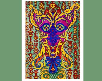 May include: A vibrant watercolor painting of a stylized cat face. The artwork features a symmetrical design with a purple face, yellow and orange accents, and a blue bow. The background is a patterned green.