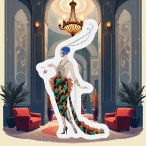 May include: An art deco illustration of a person in a long, patterned dress with a feathered shawl. The figure wears a blue headpiece and holds a small red object. The background features a grand interior with red chairs and a chandelier.