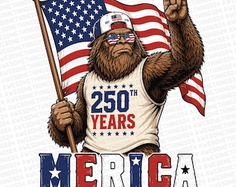 250 Jubiläum USA Vaterländischer Bigfüße Png, 4. Juli Sasquatch mit USA-Flagge, lustiger Bigfüßen Png, rot, weiß und Bigfüße, digitaler Download
