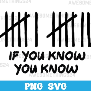 May include: A black and white graphic featuring tally marks and the text "IF YOU KNOW YOU KNOW." The bottom of the image has the text "PNG SVG" in a blue rectangle. The design is simple and bold.