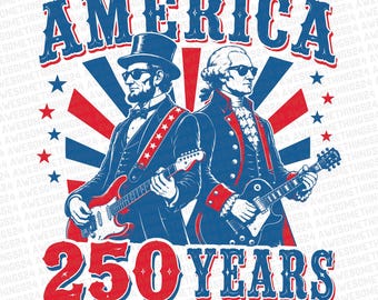 Retro Washington & Lincoln spielen Gitarre PNG, 250 Jahre Amerika Jubiläum PNG, lustiger Sublimationsdownload zum 4. Juli, Abe Lincoln 250