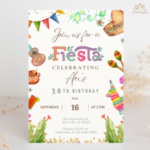 Sjabloon voor bewerkbare Mexicaanse verjaardagsuitnodiging, Fiesta verjaardagsuitnodiging, Mexicaanse uitnodiging voor feest, uitnodiging voor verjaardagsfeestje, Mexicaanse uitnodiging