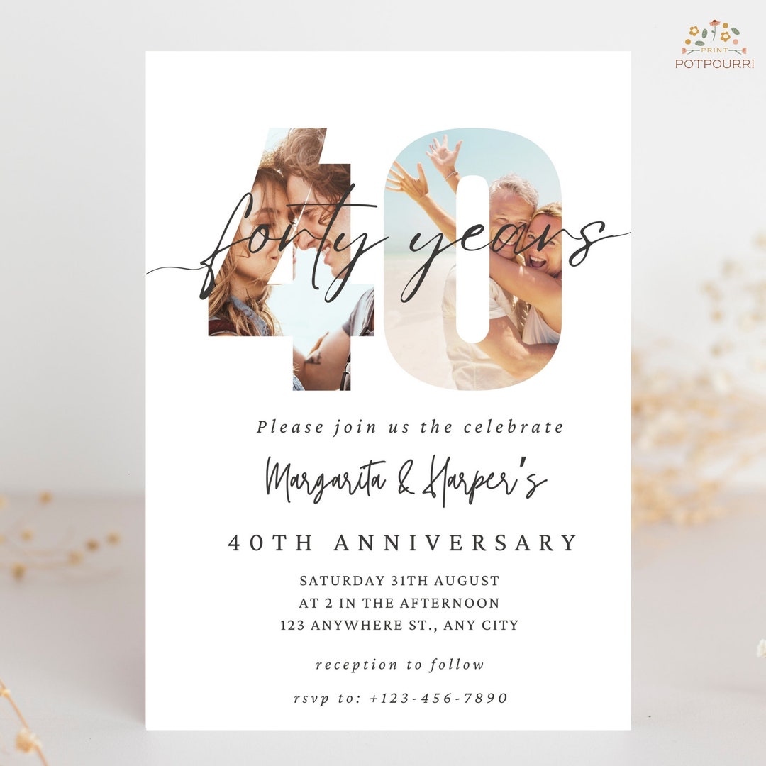 Editable 40th Anniversary Invitations, 40th Wedding Anniversary ...