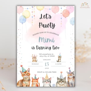 Cat Birthday Party Invitation, Watercolor Kitty Theme Invite, Cute Cat Party, Editable Digital Template, Instant Download Printable
